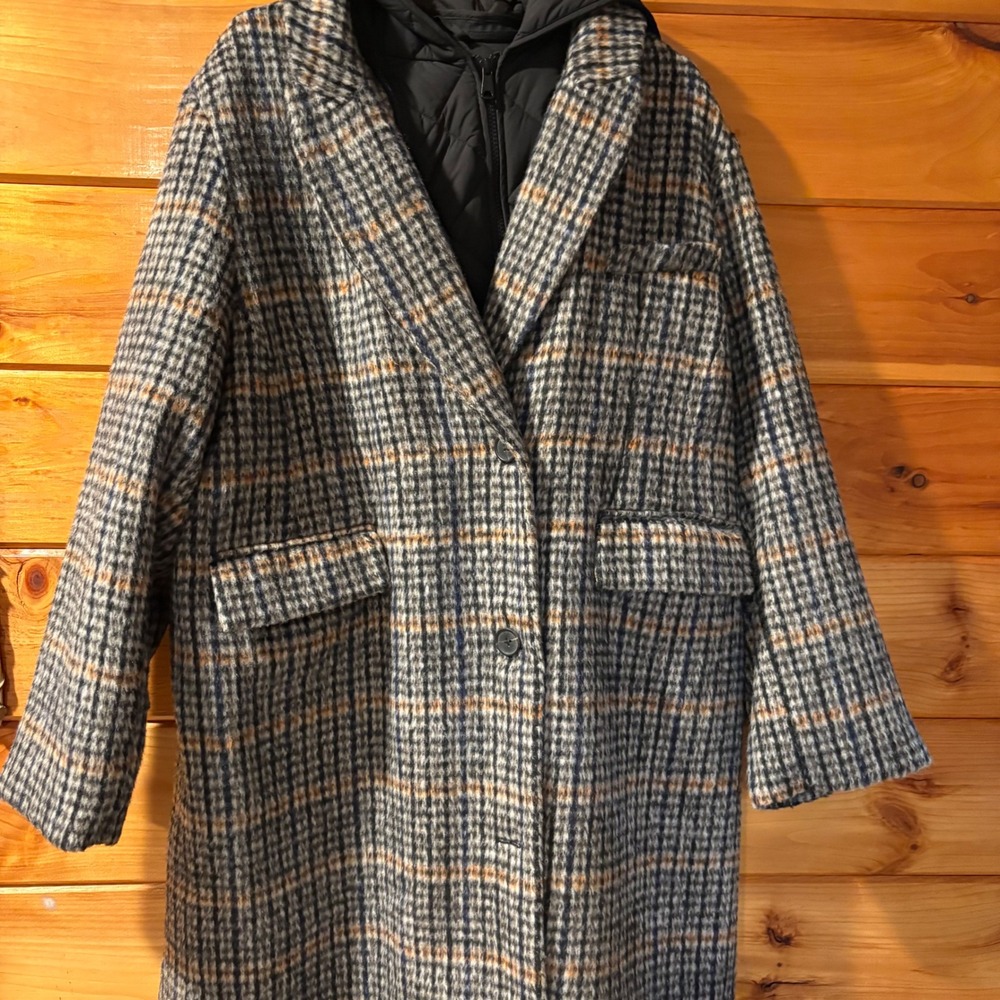 Bernardo Mens XXL Plaid Wool Blend Hooded Bib Coat Blue Tan 24300B277